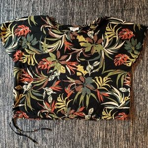 Tropical Jungle Print Drawstring Crop Top Boxy Blouse